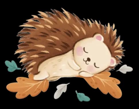 Jeżyk śpiący na liściach w spokojnym świecie Bajkowego Poddasza - ilustracja do kojących audiobajek muzycznych