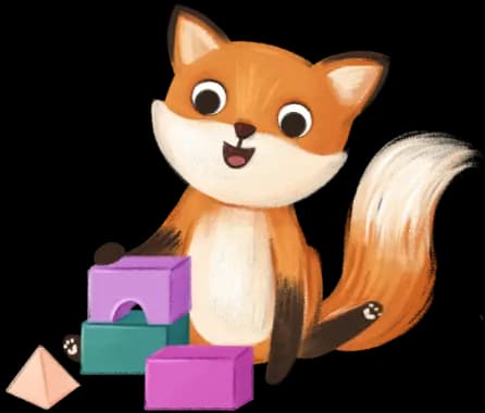 Lisek układający klocki w Bajkowym Poddaszu - ilustracja inspirowana światem audiobajek muzycznych dla dzieci