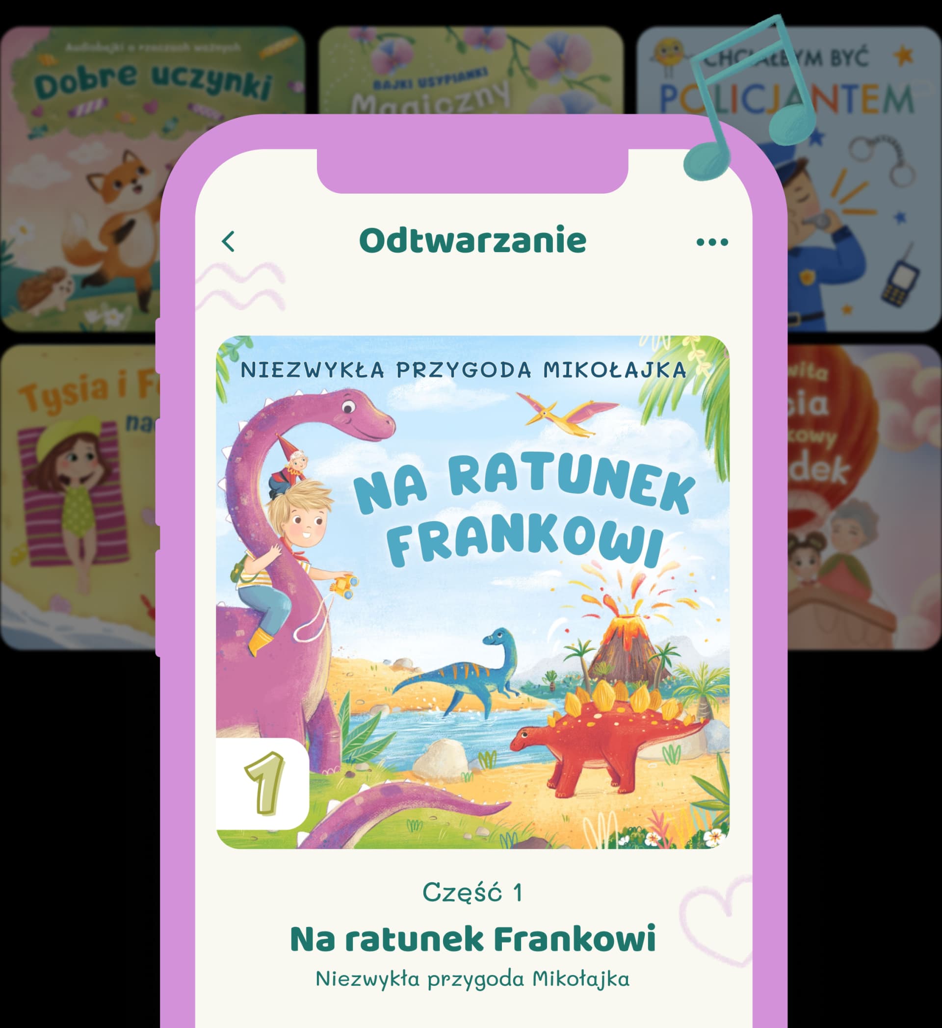 Ekran aplikacji mobilnej Bajkowe Poddasze z dostępem do audiobajek muzycznych dla dzieci