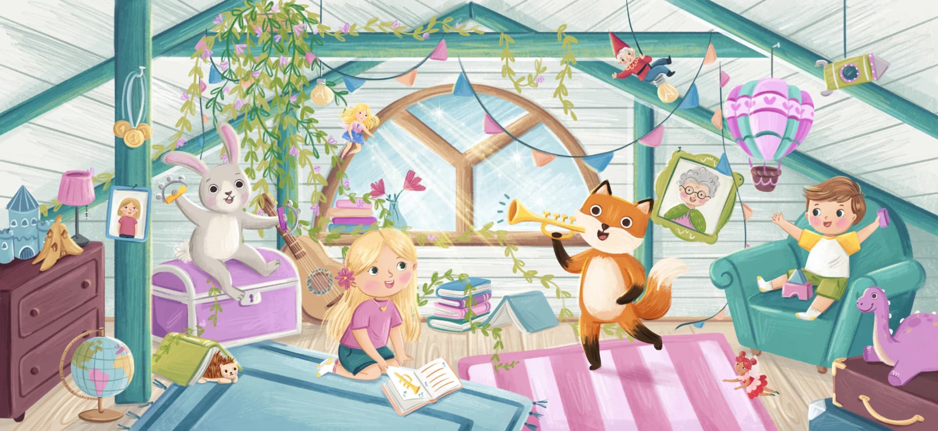 Dziewczynka i lisek grający na trąbce na poddaszu - ilustracja symbolizująca audiobajki muzyczne od Bajkowe Poddasze